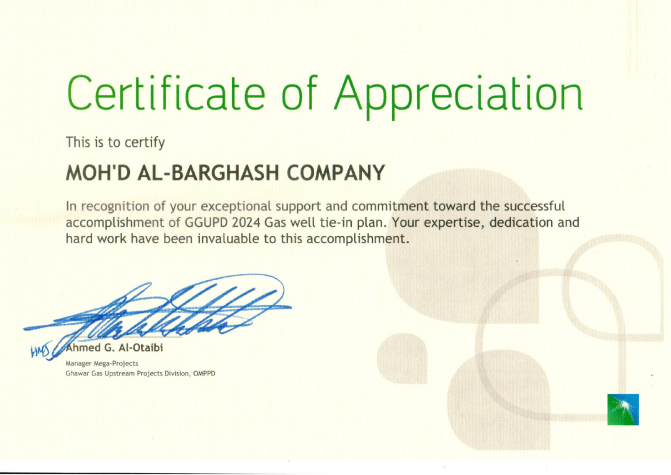 Certificate of Appreciation from Saudi Aramco for GGUPD 2024 GAS Well.